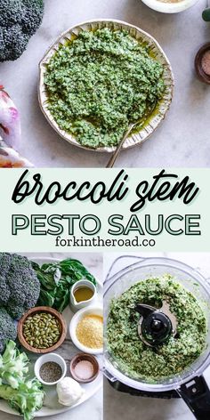 broccoli steam pesto sauce in a glass bowl with other ingredients around it