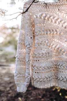 a crocheted sweater hanging on a tree branch in the sun with sunlight shining through it