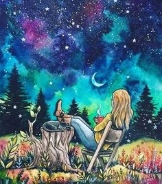 a painting of a woman sitting in a chair looking at the stars