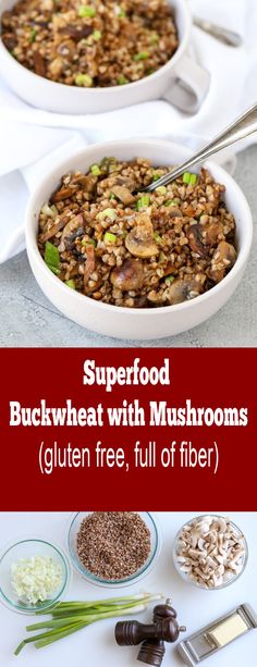 two bowls filled with mushroom and other ingredients on top of a white table next to spoons