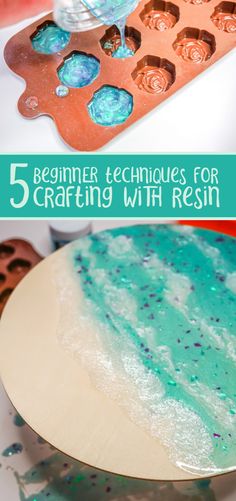 the process for making homemade ice creams is shown with text overlay that reads 5 beginner techniques for crafting with resin