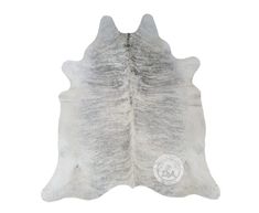 a white and gray cowhide rug on a white background