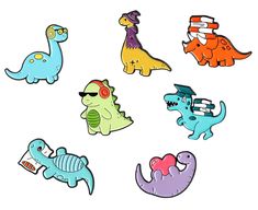 six cartoon dinosaurs with hats and sunglasses on their heads, all in different colors or shapes