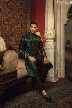 sherwani for men Black Sherwani For Groom, Dinner Jacket Wedding, Green Groom, Black Sherwani, Sherwani For Groom, Handsome Italian Men, Groom Sherwani, Wedding Outfits For Groom, Sherwani Groom