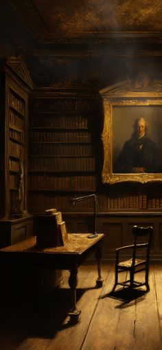 an old room with bookshelves and a painting on the wall