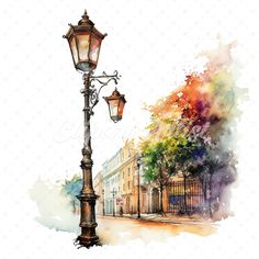 a watercolor painting of a street light