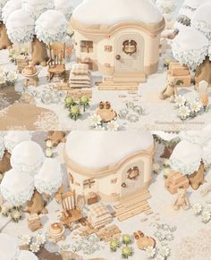 there is a small house in the middle of a snow covered area with teddy bears