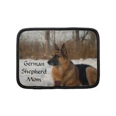 a german shepherd dog sitting in the snow with his name on it's back