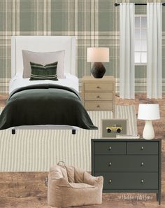 a bedroom with green and white plaid wallpaper, bedding, nightstands, chair, lamps, and dresser