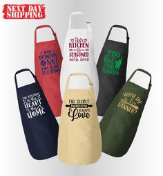 six aprons with different sayings on them