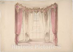 Art Print : British, 19th Century - Design for Pink Curtains and White Inner Curtains, with a Gold, White and Pink Pediment : Vintage Wall Art Art Content, Pink Curtains, Victorian Furniture, White Curtains, Curtain Designs, Vintage Wall, Vintage Wall Art, Metropolitan Museum Of Art, Window Coverings