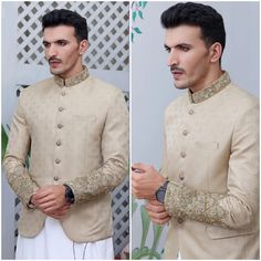 Men Prince Coat Hand Made Embroidery work Zari and Adda Work  Premium Blended Fabric  Italian Thread  Simple & Decent Metal Buttons Finest Stitch Branded Design Custom Sizes are also available. Traditional Nehru Jacket With Naqshi For Groom, Traditional Formal Lawn Suit With Dabka Work, Formal Traditional Lawn Suit With Dabka Work, Traditional Lawn Suit With Dabka Work For Formal Occasions, Eid Naqshi Nehru Jacket For Groom, Traditional Wedding Suits With Dabka, Groom's Chikankari Embroidery Set For Eid, Eid Groom Sets With Chikankari Embroidery, Traditional Beige Bandhgala For Eid