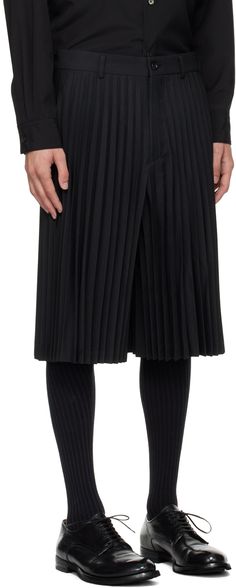 Garment-pleated polyester gabardine shorts. · Belt loops · Two-pocket styling · Zip-fly Supplier color: Black Black Pleated Bottoms For Workwear, Black Bottoms With Accordion Pleats For Fall, Classic Black Pleated Skirt Bottoms, Pleated Knee-length Bottoms For Work, Knee-length Pleated Bottoms For Work, Black Pleated Knee-length Bottoms, Formal Pleated Short Bottoms, Pleated Formal Bottoms Short Length, Short Accordion Pleated Bottoms For Workwear