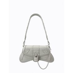 This Y2K-inspired shoulder bag is made from high quality grey crinkle patent faux leather. It features matching powder-coated stud embellishments, custom Poppy Lissiman designed lock and chain hardware. The detachable shoulder strap allows the bag to double as a clutch. Measurements: Height at centre: 12.5cm Height at longest point: 15cm Opening width: 20cm Width at widest point: 32cm Drop: 25cm Evening Gray Shoulder Bag With Gunmetal Hardware, Trendy Gray Evening Shoulder Bag, Chic Gray Shoulder Bag With Branded Hardware, Poppy Lissiman, Powder Coated, Merlin, Mist, Poppies, Embellishments