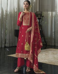 Designer Traditional Wear Viscose Silk Salwar Suit Red Viscose Silk Pant Straight Front View Silk Salwar Suit, Indian Salwar Suit, Purple Bottom, Suit Salwar, Silk Pant, Salwar Suits Online, Palazzo Suit, Net Lehenga, Silk Bottoms