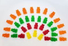 there are many gummy bears arranged in the shape of a rainbow on a white background