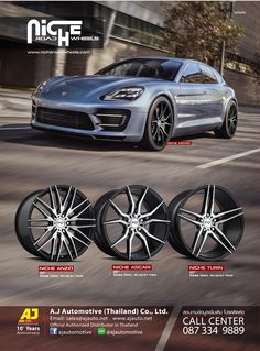 an advertisement for the new porsche cayenne, featuring four different wheels and tires