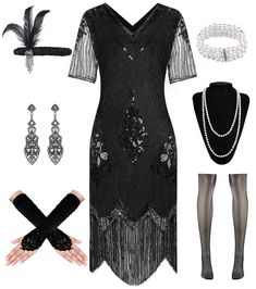 PRICES MAY VARY. Package Included-1 x sequin flapper dress, 1 x long satin gloves,1 xfeather headband, 1 x pearl necklace, 1 x earrings, 1 x pearl bracelet, 1 x fishnet stockings. Vintage Elegant Charm-The flapper dresses 1920s made of polyester fabric and soft fringe, delicate bead and sparkling sequins design, semi-sheer lace cuffs with intricate lace detailing, adding a touch of feminine allure to 20s outfit. This dress is the epitome of elegance and sophistication for your wardrobe. Fashion Fitted Flapper Dress For Costume Party And Holiday, Fitted Flapper Dress For Holiday, Fitted Vintage Flapper Dress For Holidays, Elegant Fitted Flapper Dress For Costume, Roaring 20s Accessories, 20s Accessories, 20s Outfit, Retro Headband, 1920s Women