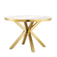 a round marble table with gold metal legs and a white marble top, against a white background