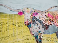 a painting of a cow standing in a field