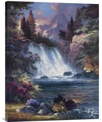 a painting of a waterfall in the woods