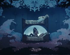 a woman sitting on top of a bed under a moon