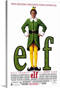 the elf movie poster is shown in green and yellow with his hands on his hips