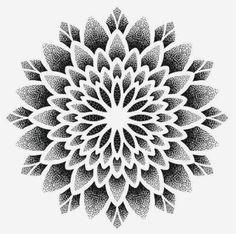 an intricate black and white flower design on a white background, with the petals arranged in a circular pattern