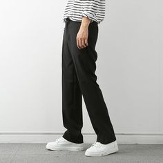 Black Stretch Tapered Leg Pants, Black Stretch Dress Pants Trousers, Black Stretch Dress Pants, Black Stretch Ankle-length Dress Pants, Black Straight Chinos For Business Casual, Baggy Business Casual Pants, Baggy Solid Color Pants For Business Casual, Solid Color Baggy Pants For Business Casual, Baggy Solid Pants For Business Casual