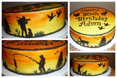 this is a birthday cake with an image of a man fishing on the lake at sunset