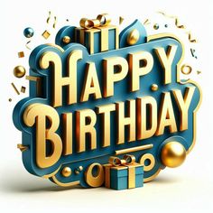 a happy birthday greeting card with presents and confetti on the top in gold lettering