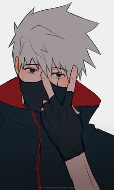 an anime character with grey hair and black gloves covering his face