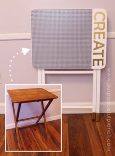 a small wooden table sitting on top of a hard wood floor next to a sign that says create