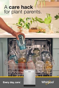 the dishwasher is full of food and has an open door to it that says, a care hack for plant parents