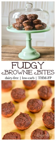 fudgey brownie bites on a plate with the title above it and an image of