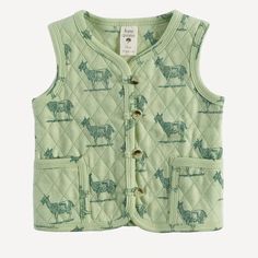 Soft Organic Cotton Quilted Vest With Buttons And Pockets In A Vintage Farmhouse Goat Print. Unisex Boys/ Girls Size 2 Toddler / Little Kids Spring Cotton Outerwear For Play, Spring Playwear Cotton Outerwear, Spring Cotton Outerwear For Playtime, Playful Green Outerwear For Spring, Cute Cotton Outerwear For Play, Green Spring Outerwear For Playtime, Goat Print, Vest With Buttons, Pocket Vest