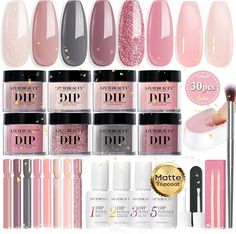 Amazon.com: AZUREBEAUTY 30Pcs Dip Powder Nail Kit Starter with Nail Sticks, Translucent Nude Pink 8 Colors Dipping Liquid Set Added Matte Top Coat Recycling Tray for Velvet Nail Art Manicure Salon DIY Home : Beauty & Personal Care