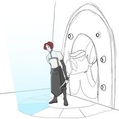 a drawing of a person standing in front of a door