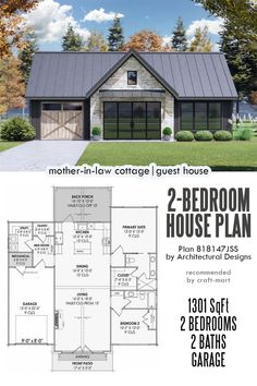 two bedroom house plan with 2 bathrooms and an attached garage is shown in this image