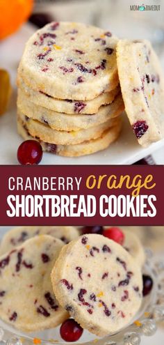 cranberry orange shortbread cookies are stacked on top of each other