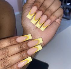 Lemon French manicure, French nails, summer nails inspo Acrylic Nails Yellow, French Tip Acrylic Nails, Short Square Acrylic Nails, Long Acrylic Nails Coffin, Nail Sets, Long Square Acrylic Nails, Bride Nails, Acrylic Nails Coffin Short, Yellow Nails