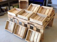 several wooden crates stacked on top of each other