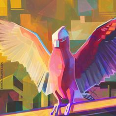 a painting of a bird with its wings spread out on a ledge in front of a cityscape