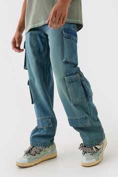 Baggy Rigid Multi Cargo Pocket Jeans In Blue | boohooMAN USA Denim Washes, Vegas Dresses, Suits Prom, Going Out Trousers, Going Out Shirts, Gym Hoodie, Tall Hoodies, Tall Pants, Style Cargo