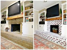 two pictures of a living room with fireplace and tv above the mantel in front of bookshelves