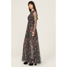 Black floral tulle (100% Polyester). A-line. Long sleeves. Crewneck. Back zipper closure. 57" from shoulder to hemline. Imported. Tie Waist Maxi Dress, Oscar Dresses, Floral Gown, Pleated Midi Dress, Silk Maxi Dress, Jason Wu, Lace Maxi Dress, Clothing Size Chart, Mesh Dress