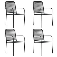 four black metal chairs sitting next to each other