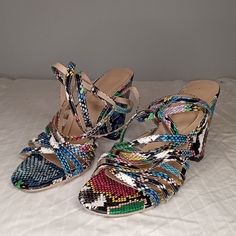 Unique Snakeskin High Heeled Open Toe Sandals With High Ankle Straps. 4" Heel Never Worn. Size 10 Multicolor Sandals With Buckle Closure And Open Heel, Multicolor Open Heel Sandals With Buckle, Multicolor Buckle Closure Sandals With Open Heel, Multicolor Open Heel Synthetic Sandals, Multicolor Synthetic Sandals With Buckle Closure, Multicolor Open Heel Heels With Buckle Closure, Multicolor Block Heel Sandals For Spring, Casual Multicolor Heels With Stacked Heel, Multicolor Ankle Strap Sandals With Wrapped Heel