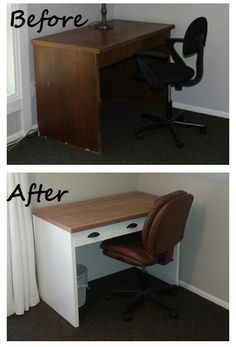 before and after photos of a desk with an office chair at the bottom, on the right