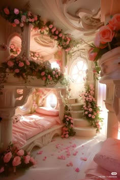 a bedroom with pink flowers on the bed and stairs leading up to the room's windows